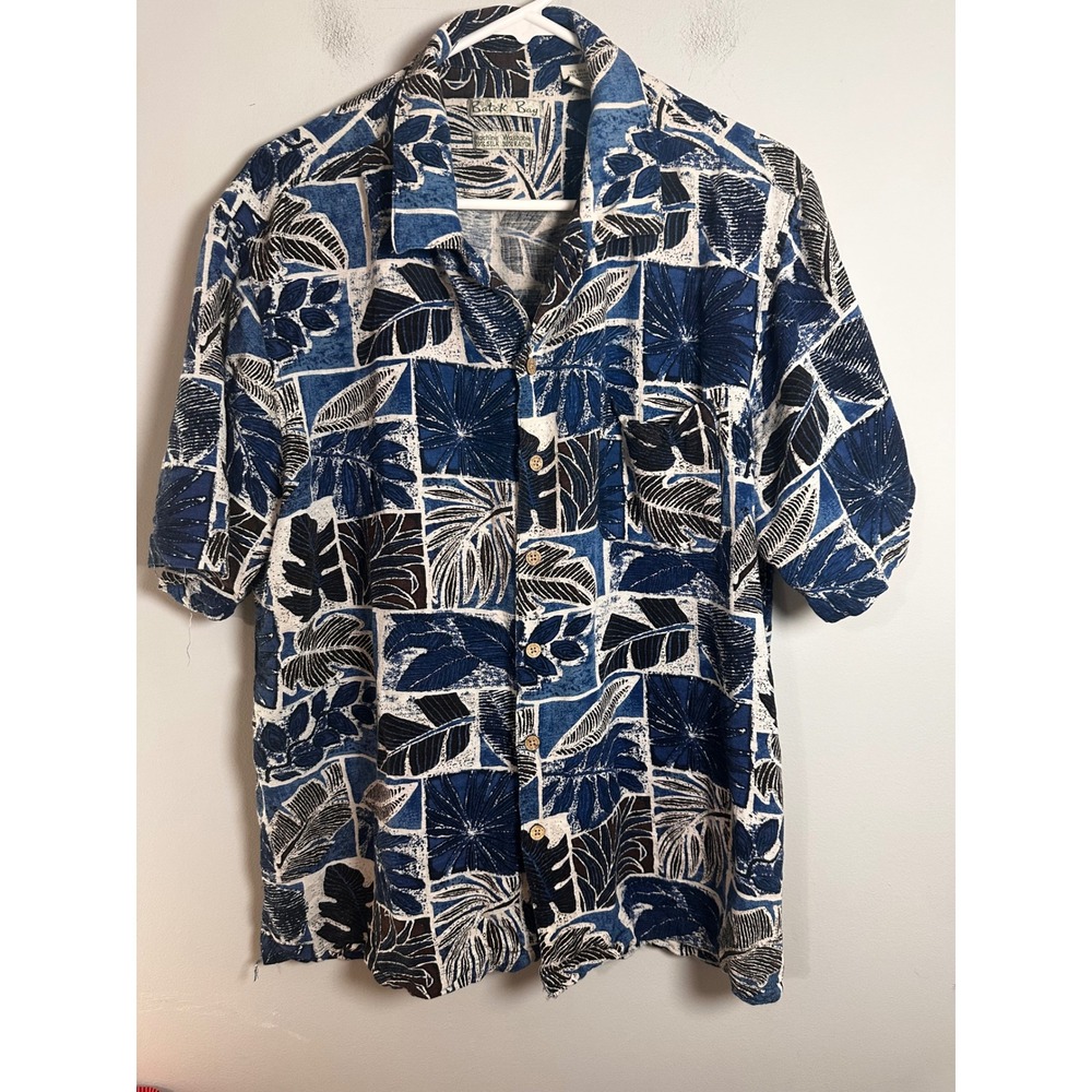 Batik Bay Mens XL Silk Rayon Hawaiian Shirt Blue Tropical Leaf Block Print Retro